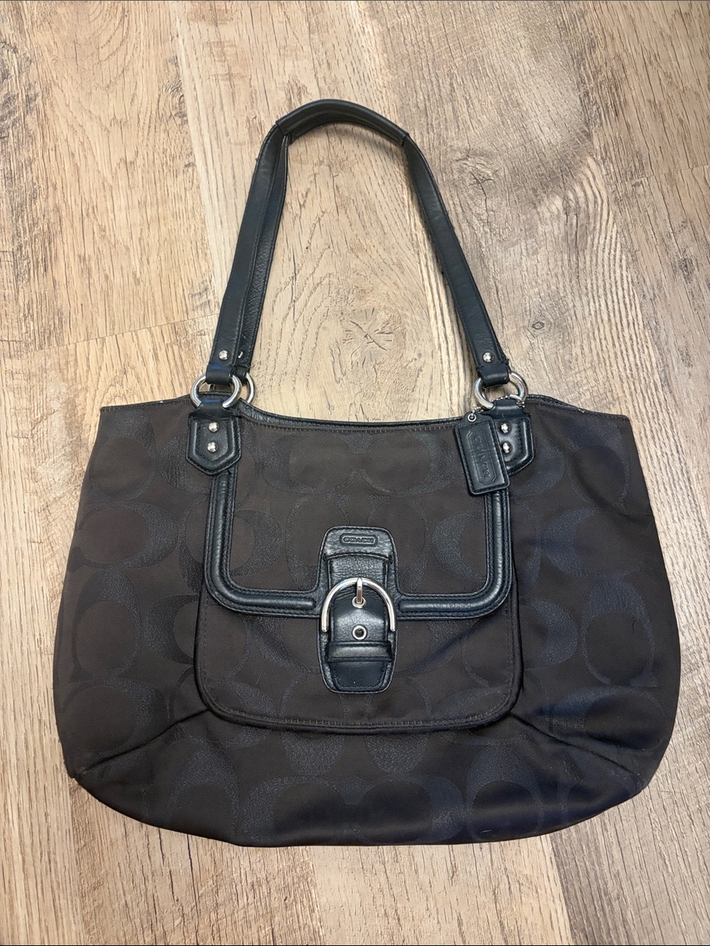 Coach Black Signature Canvas Shoulder Tote with Buckle Detail
